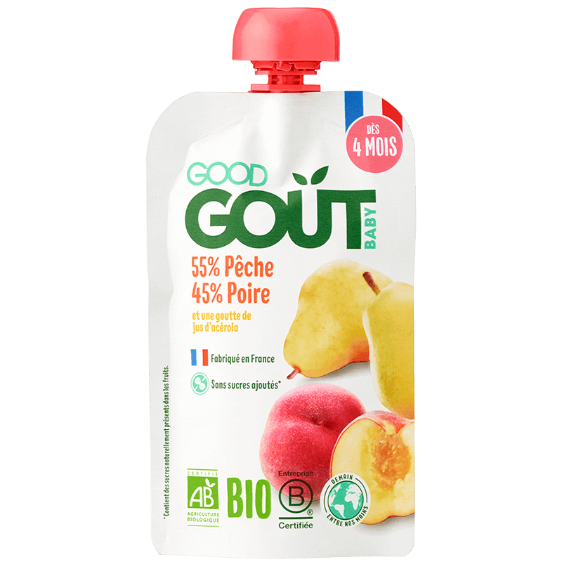 Good Gout öko pirni- ja virsikupüree, peale 4. elukuud 120 g (10)